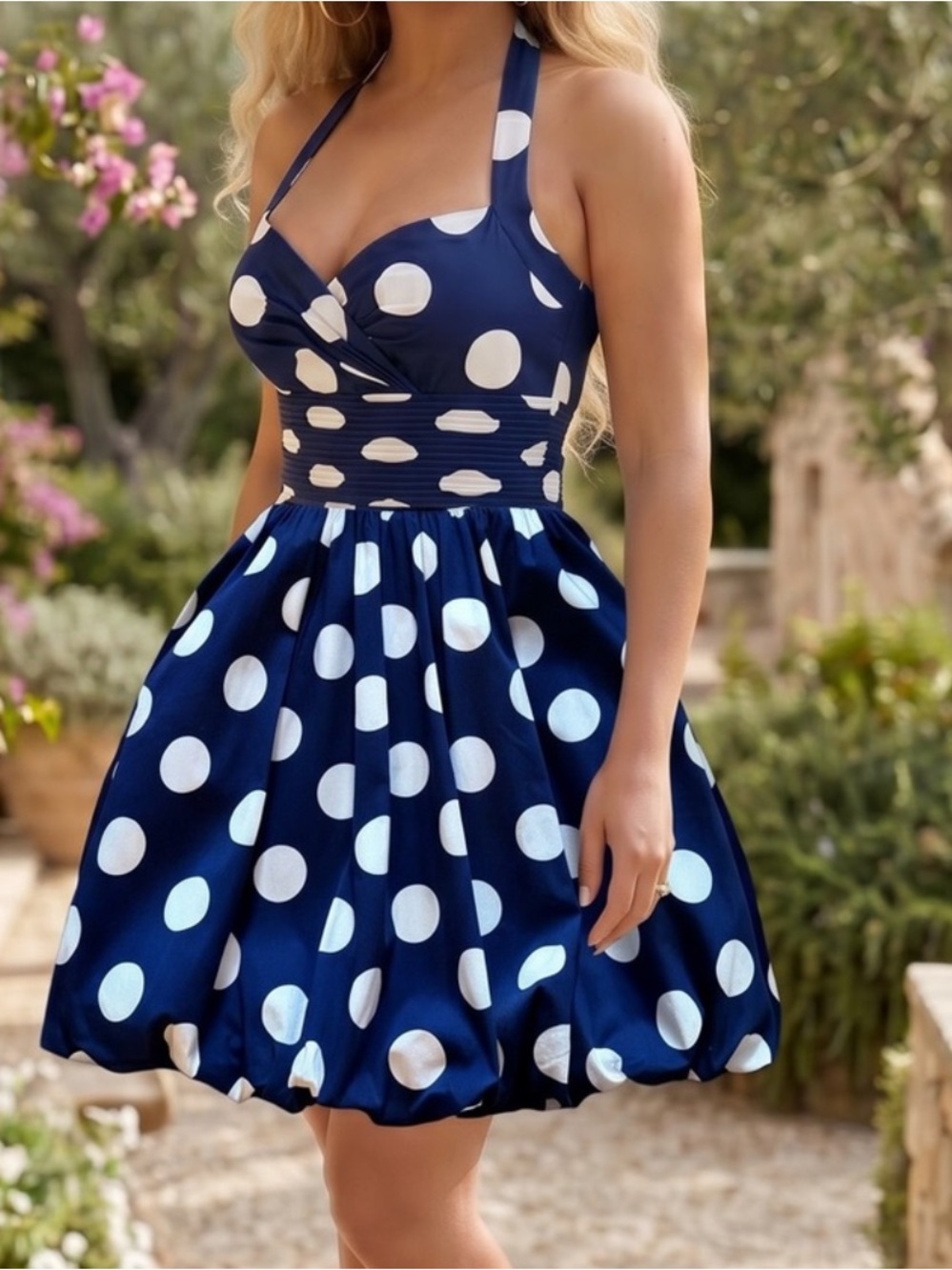 Jessica Simpson Navy and White Polka Dot Halter Midi Dress